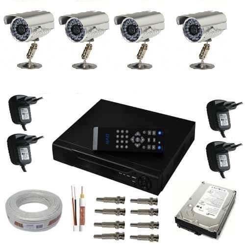 Kit Dvr 4ch+ 4 Cameras Infra+ 4 Fonte+ Cabo+ Hd 500+ Bnc
